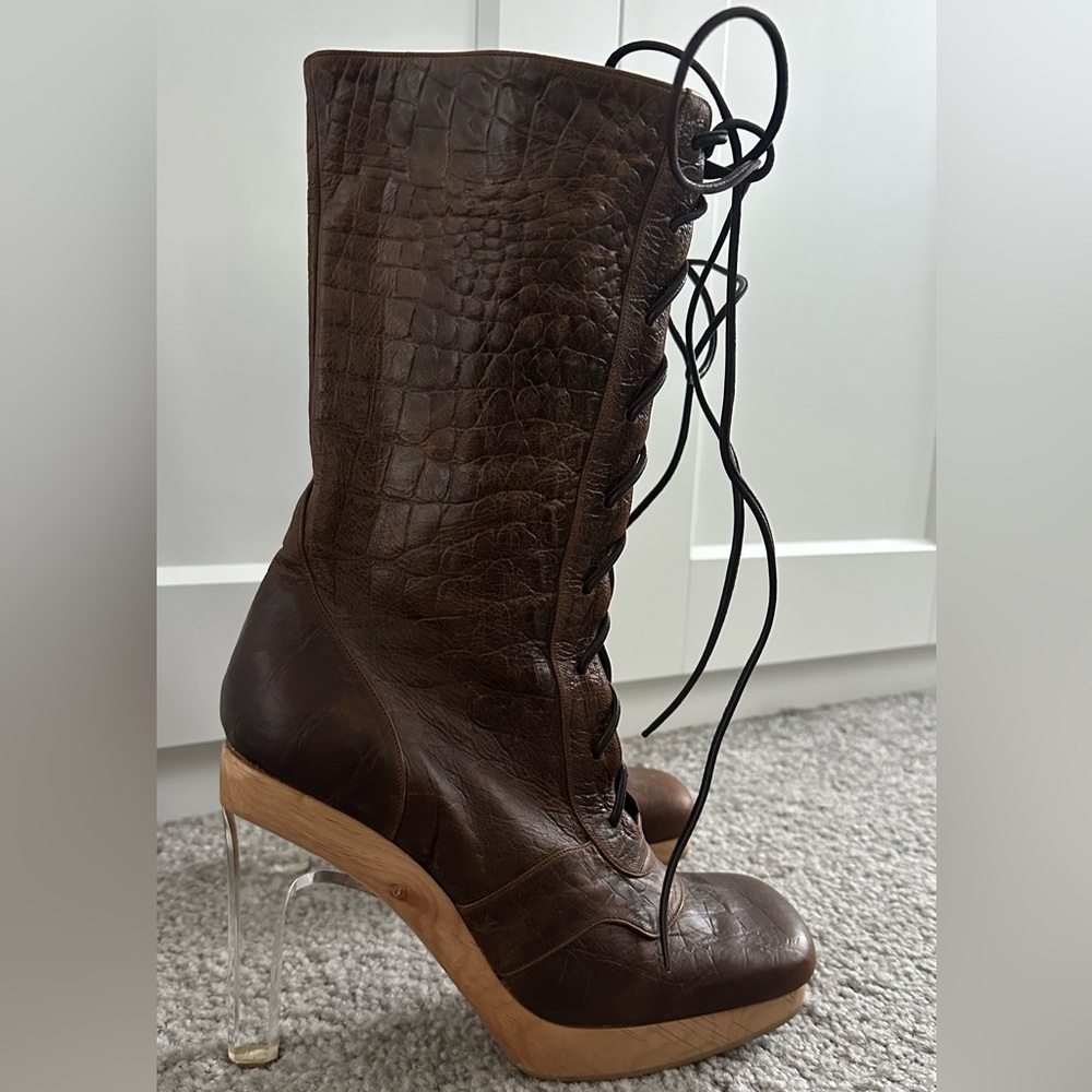 Women's Brown Lace-Up Platform Boot with Clear Heel